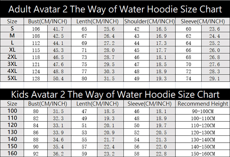 James Cameron Movie Avatar 2 The Way of Water 3D Print Hoodie Size Chart For Reference