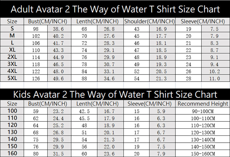 James Cameron Movie Avatar 2 The Way of Water 3D Print T Shirt Size Chart For Reference