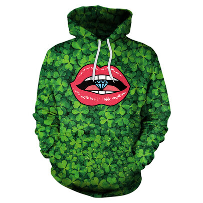 Red Lips St. Patrick's Day 3d print Pullover Hoodie For Ladies