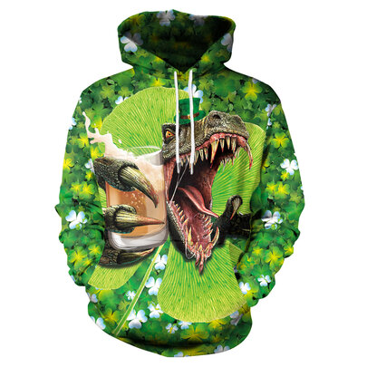 Womens Men Saint Patrick Hoodies Novelty Funny Dinosaur Clover 3D Printing Long Sleeve Sweatshirt