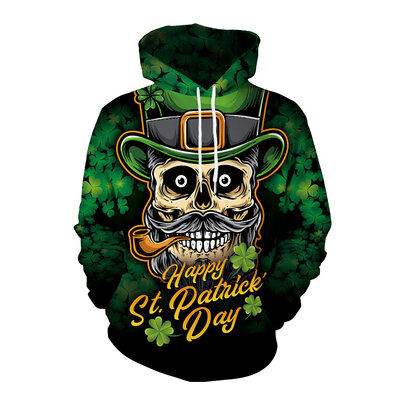 Skull Happy St. Patricks Day Clover Print Sweatshirt Long Sleeve Irish Print Pullover Tops