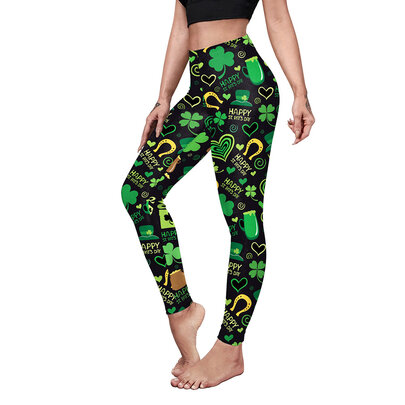 Womens Stretchy Pants Green Shamrock St Patricks Day Clover Leaves Leprechauns Leggings