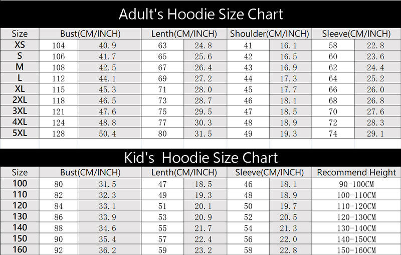 Unisex Adults's and Kid's Hoodie Sweatshirt Size Chart