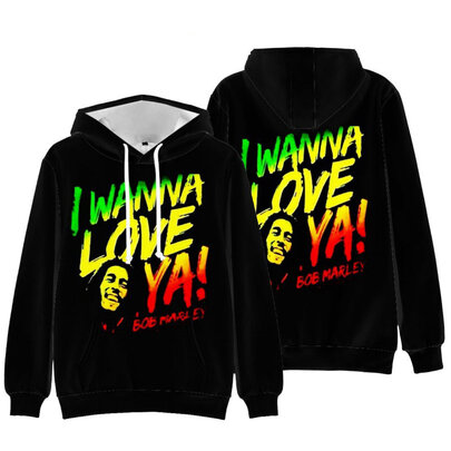 long sleeve Bob Marley I Wanna Love Ya 3d graphic sweatshirt with pocket
