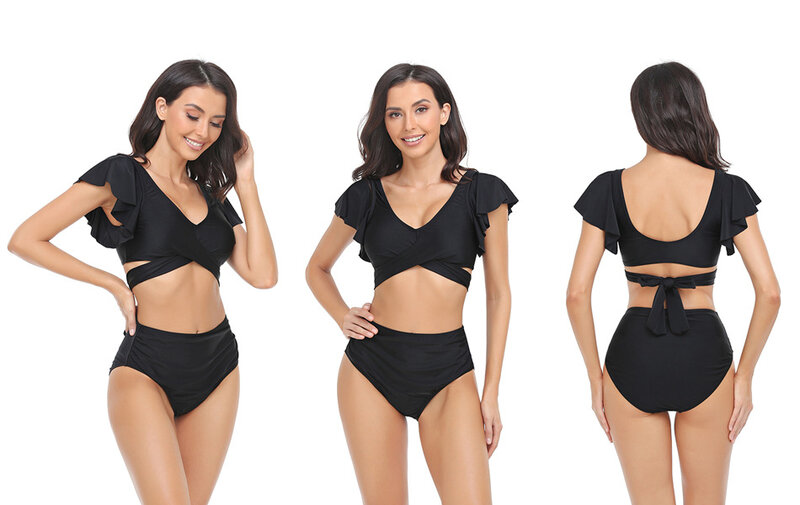Ruffle deep V neck bikini top match high waisted tummy control bikini bottom