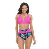 this bikini set featuring a top with a triangle silhouette, plunging v neck