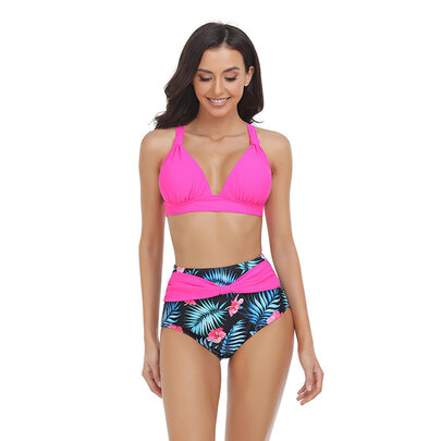 this bikini set featuring a top with a triangle silhouette, plunging v neck