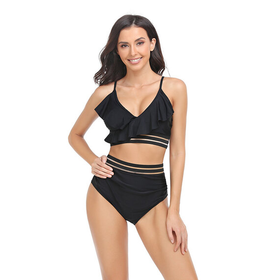 The ruched high rise bottom of this swimwear tidies up your midsection