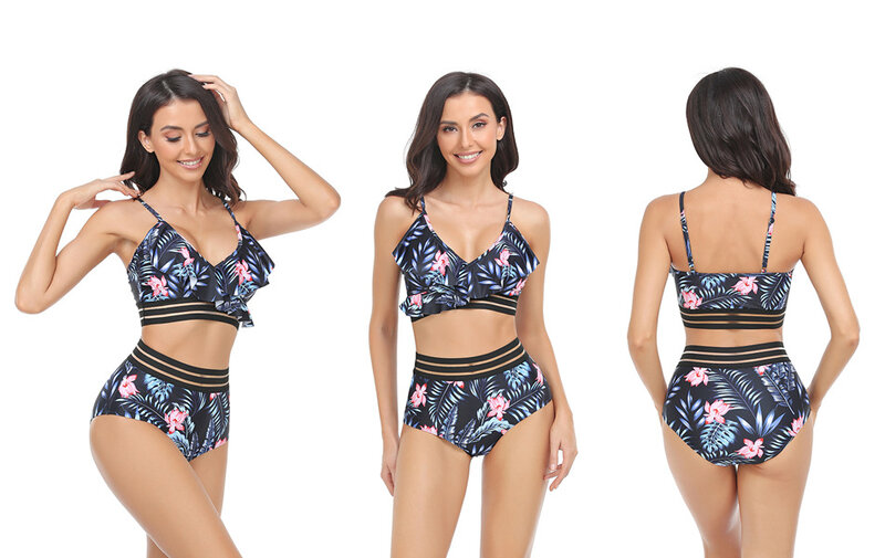 tummy control floral printed high waisted swimsuit with plat strip