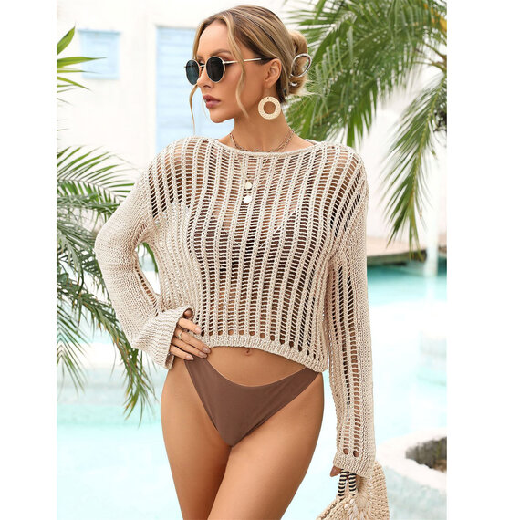 This hollow-out beach cloth featuring flared sleeves, fishnet beachwear cover up, cover-ups net