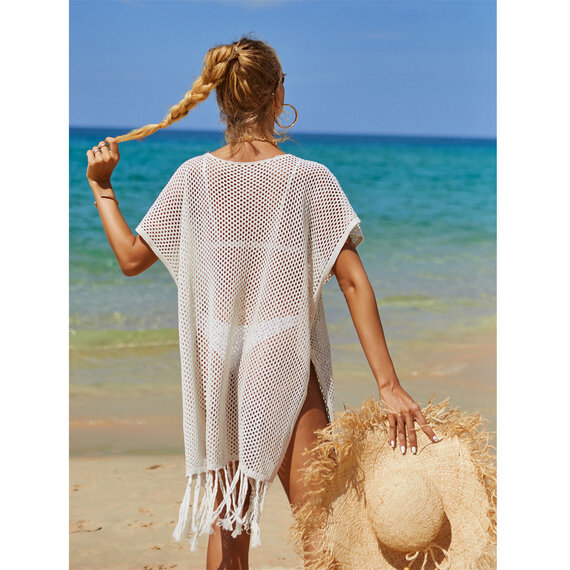 Women's Crochet Hollow Out Split Beach Cover Up Dress Long Sleeve Swimwear Knitted Beach Dresses
