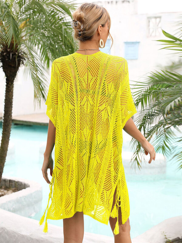 Women Hollow Out Bathing Suit Bikini Coverups Yellow - PKAWAY