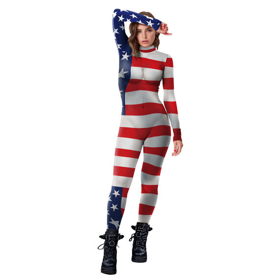 USA Flag Fourth Of July Long Sleeve Jumpsuit Ladies