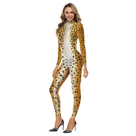 Ladies Leopard PrintSexy Long Sleeve Bodycon Solid Outfits Club Rompers Jumpsuits