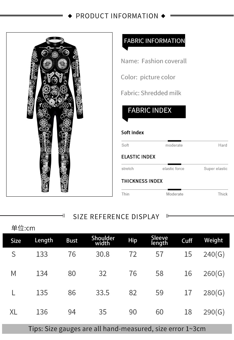 Punk Clock Gear Cosplay Jumpsuit For halloween - size chart