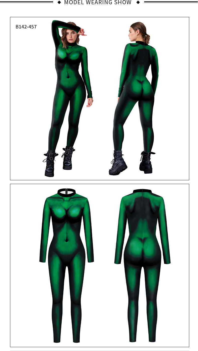 trency green costume jumpsuit for female - model show