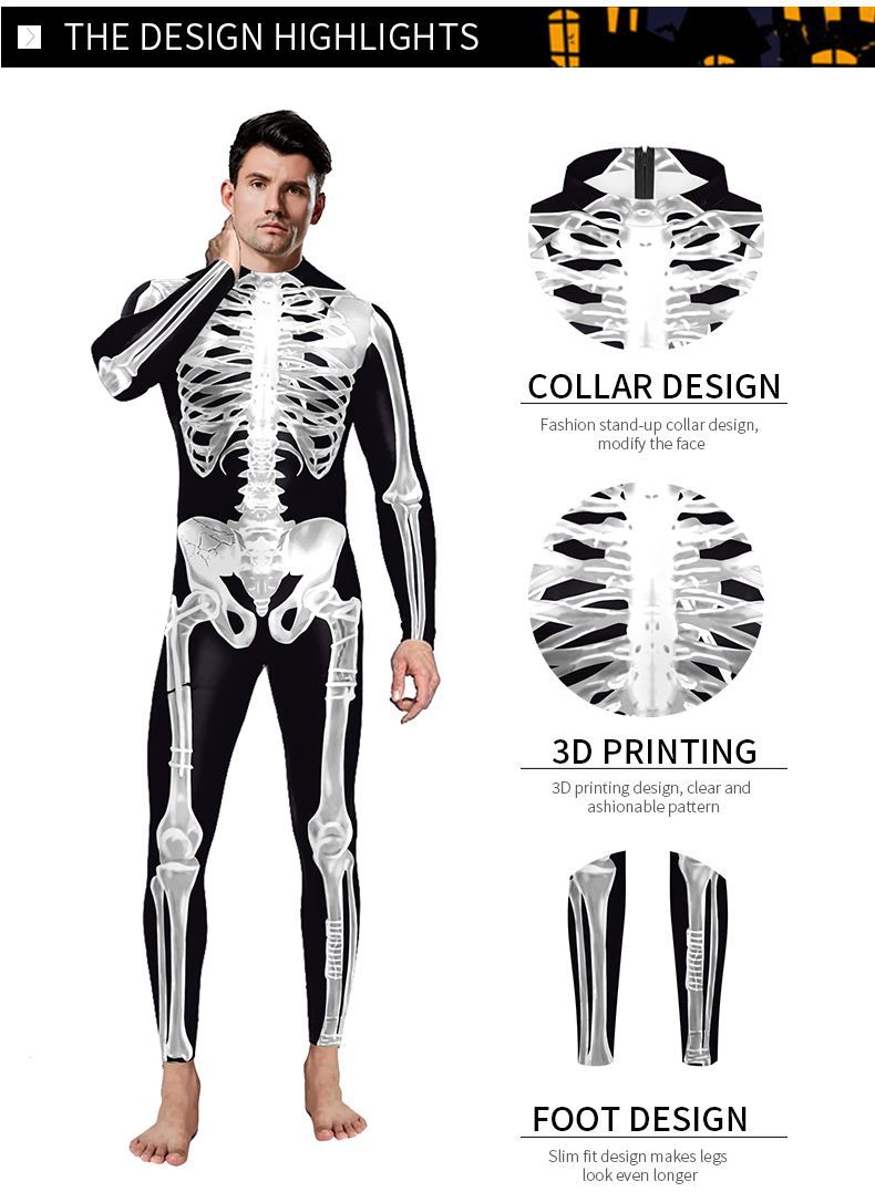 Scary Halloween Skeleton Jumpsuit Costume For Male - design detail
