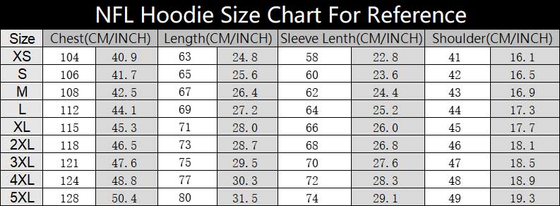 NFL HOODIE SIZE CHART FOR REFERENCE
