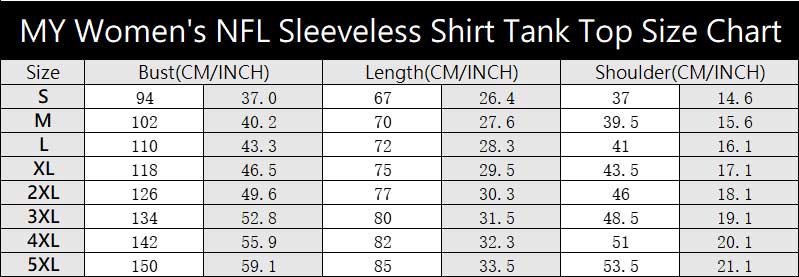 Womens NFL Sleeveless tee Shirt tank top size Chart