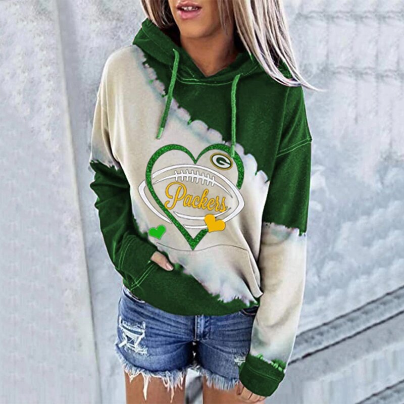 NFL Green Bay Packers Heart shape Long sleeve drawstring pullover hoodie for ladies