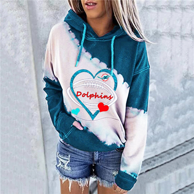 NFL Miami Dolphins Heart shape Long sleeve drawstring pullover hoodie for ladies