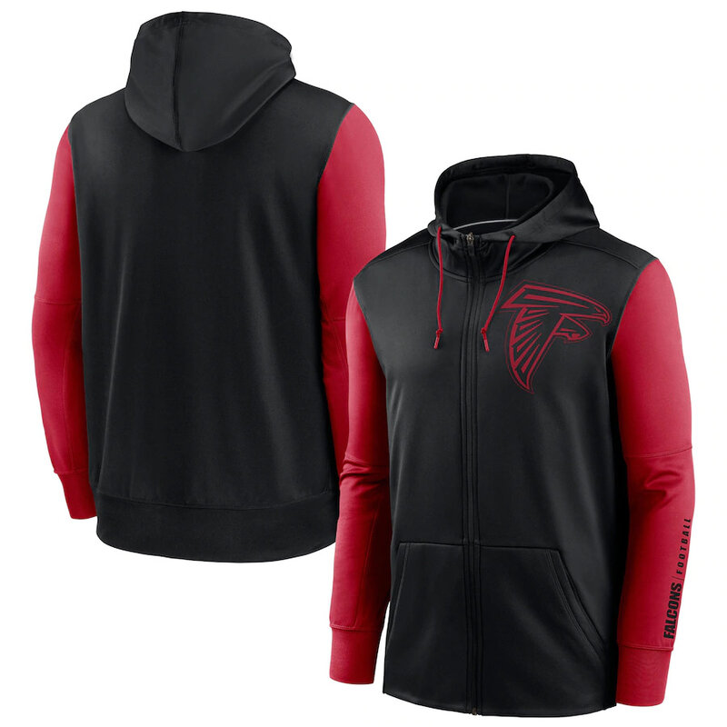 NFL classic Football wear Splicing color Atlanta Falcons team logo 3D graphic full zip up hoodie drawstring 2 front pouch