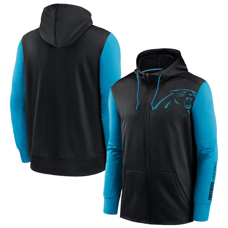 NFL classic Football wear Splicing color Carolina Panthers team logo 3D graphic full zip up hoodie drawstring 2 front pouch