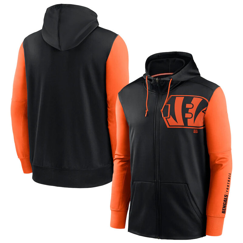 NFL classic Football wear Splicing color Cincinnati Bengals team logo 3D graphic full zip up hoodie drawstring 2 front pouch