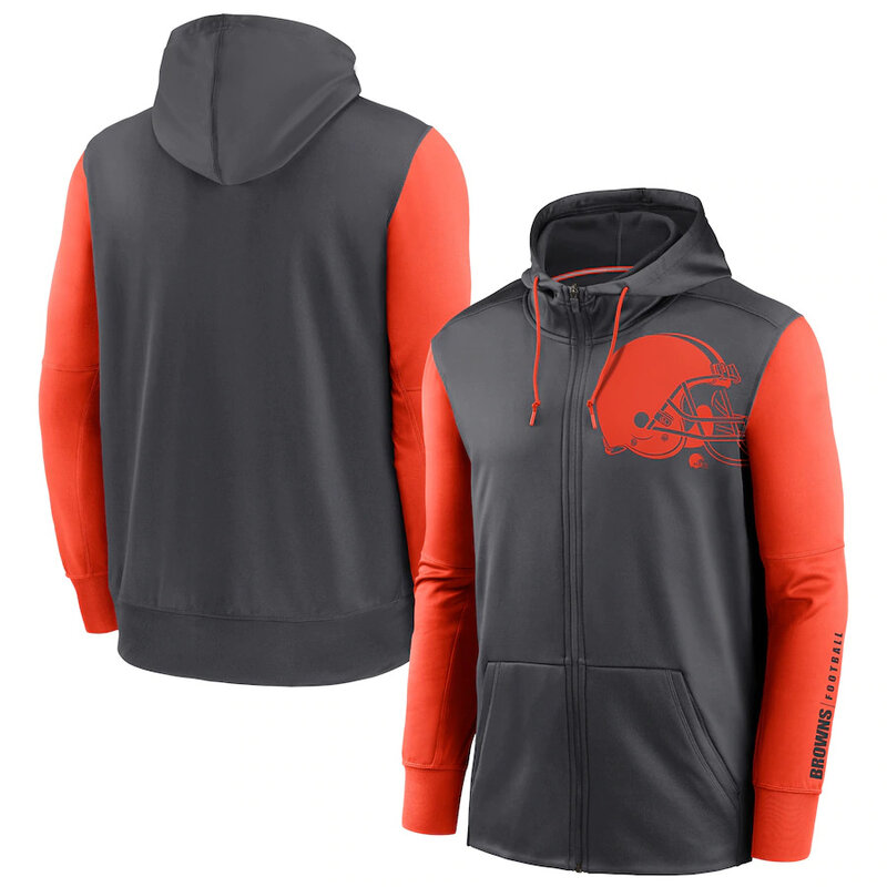 NFL classic Football wear Splicing color Cleveland Browns team logo 3D graphic full zip up hoodie drawstring 2 front pouch
