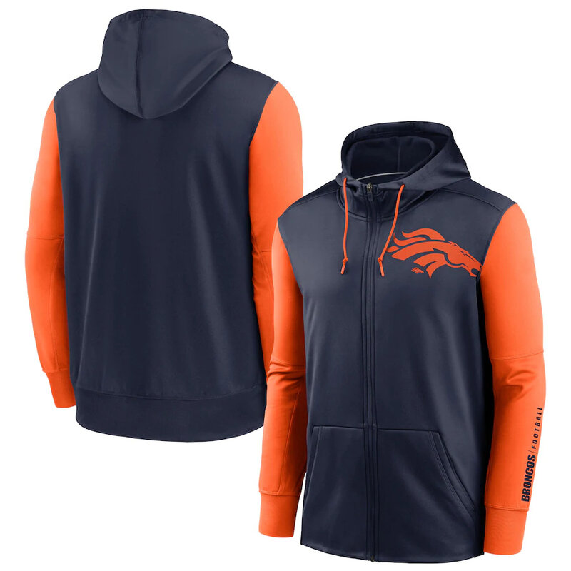 NFL classic Football wear Splicing color Denver Broncos team logo 3D graphic full zip up hoodie drawstring 2 front pouch