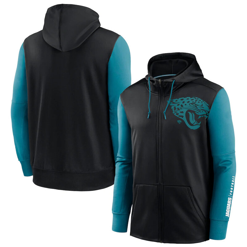NFL classic Football wear Splicing color Jacksonville Jaguars team logo 3D graphic full zip up hoodie drawstring 2 front pouch