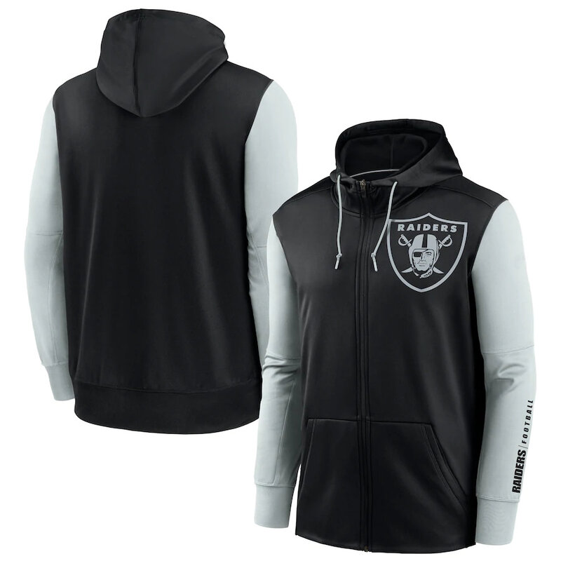 NFL classic Football wear Splicing color Las Vegas Raiders team logo 3D graphic full zip up hoodie drawstring 2 front pouch