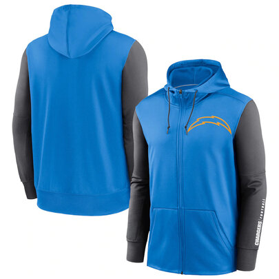 NFL classic Football wear Splicing color Los Angeles Chargers team logo 3D graphic full zip up hoodie drawstring 2 front pouch