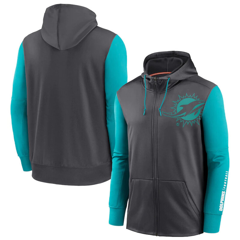 NFL classic Football wear Splicing color Miami Dolphins team logo 3D graphic full zip up hoodie drawstring 2 front pouch