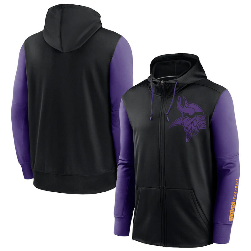 NFL classic Football wear Splicing color Minnesota Vikings team logo 3D graphic full zip up hoodie drawstring 2 front pouch