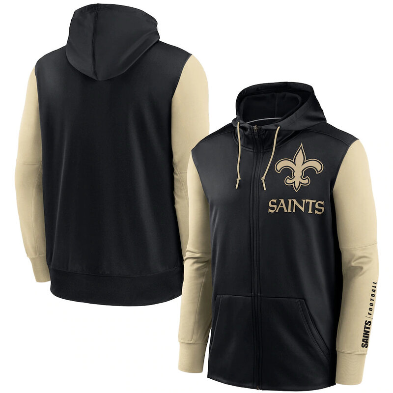 NFL classic Football wear Splicing color New Orleans Saints team logo 3D graphic full zip up hoodie drawstring 2 front pouch