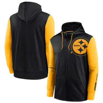 NFL classic Football wear Splicing color Pittsburgh Steelers team logo 3D graphic full zip up hoodie drawstring 2 front pouch