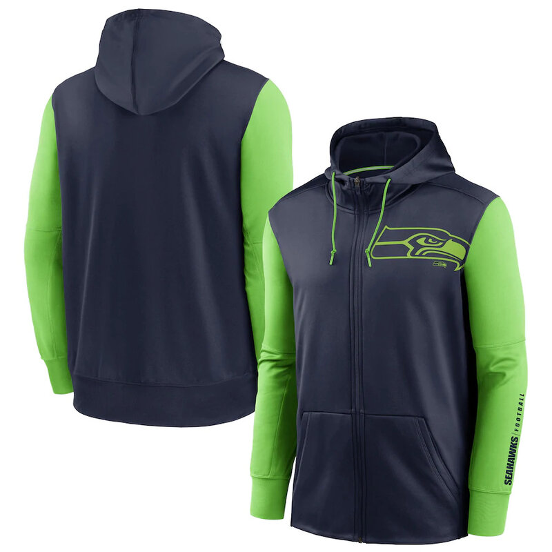 NFL classic Football wear Splicing color Seattle Seahawks team logo 3D graphic full zip up hoodie drawstring 2 front pouch
