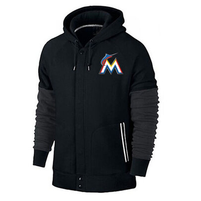 long sleeve MLB Team Zip UP Hoodie with drawstring - MLB Jersey Miami Marlins Zip UP Hoodie Black