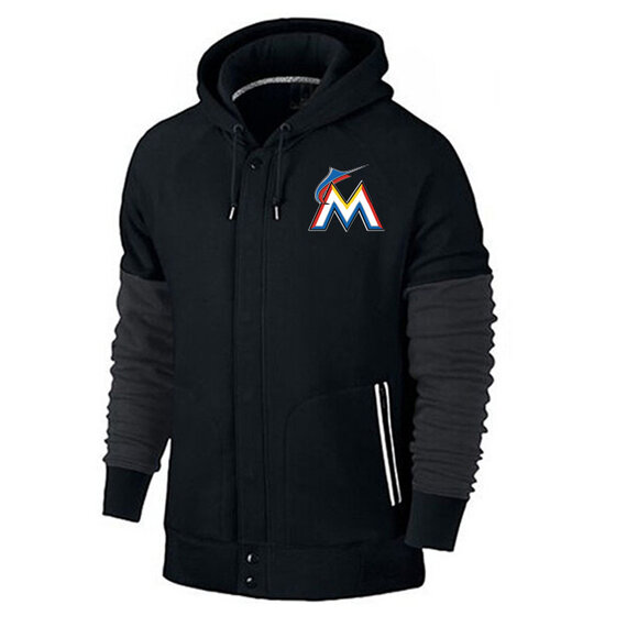 long sleeve MLB Team Zip UP Hoodie with drawstring - MLB Jersey Miami Marlins Zip UP Hoodie Black