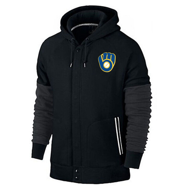 long sleeve MLB Team Zip UP Hoodie with drawstring - MLB Jersey Milwaukee Brewers Zip UP Hoodie Black