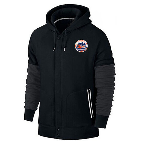 long sleeve MLB Team Zip UP Hoodie with drawstring - MLB Jersey New York Mets Zip UP Hoodie Black