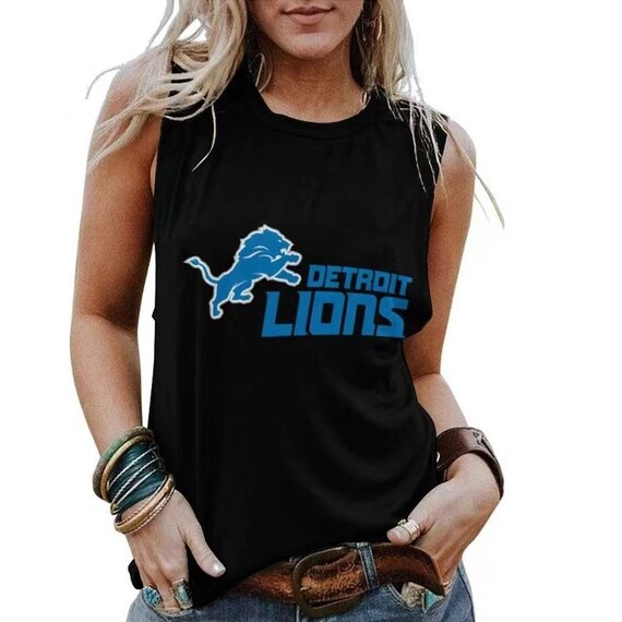NFL Detroit Lions Women Sleeveless Tee Black,ladies Casual Loose Tunic Blouses