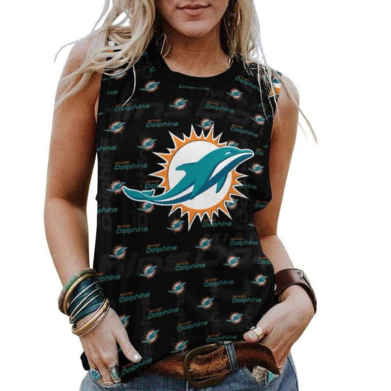 NFL Miami Dolphins Tank Top Women Sleeveless Tee Black,ladies Casual Loose Tunic Blouses