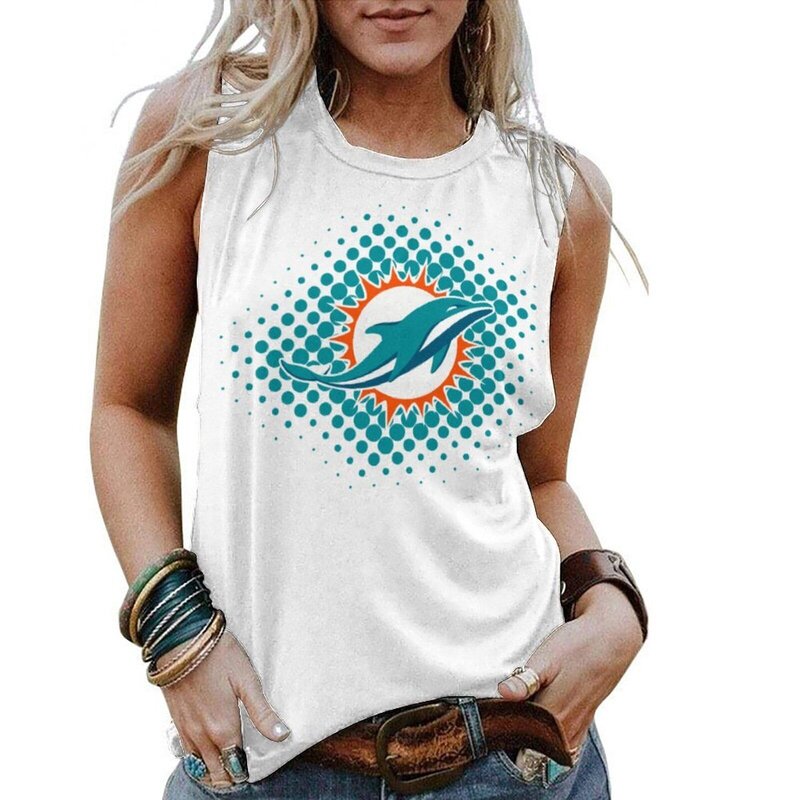 NFL Miami Dolphins Tank Top Women Sleeveless Tee White,ladies Casual Loose Tunic Blouses