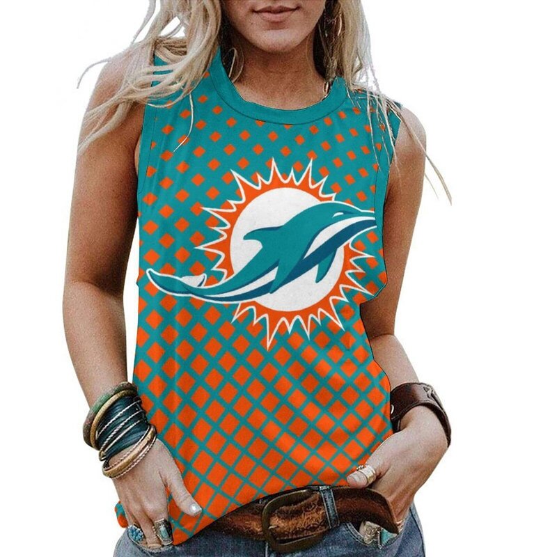 NFL Womens Miami Dolphins Iron Fan Sleeveless Shirt Cyan,Casual Loose Tunic Blouses - Officially-Licensed Women's NFL Apparel