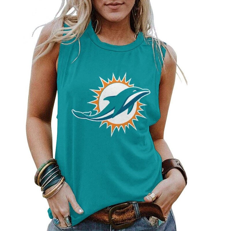 NFL Womens Miami Dolphins Iron Fan Sleeveless Tee Cyan,Casual Loose Tunic Blouses - Officially-Licensed Women's NFL Apparel