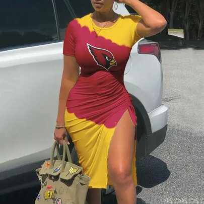 Women's NFL -  Sexy Bodycon Short Sleeve Slit Ruched Summer Club Party Midi Dress