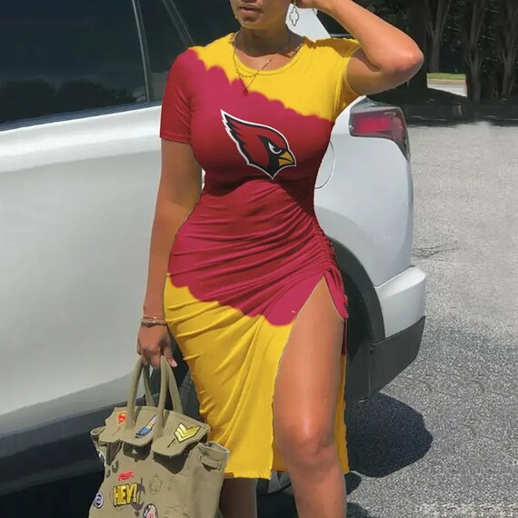 Women's NFL -  Sexy Bodycon Short Sleeve Slit Ruched Summer Club Party Midi Dress