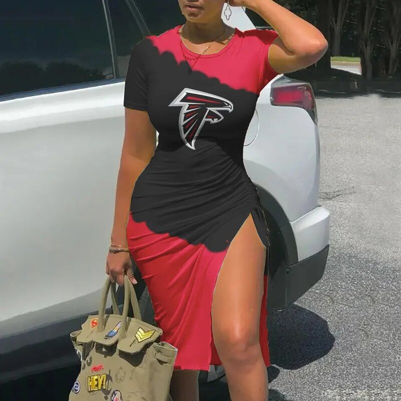 Women's NFL -  Sexy Bodycon Short Sleeve Slit Ruched Summer Club Party Midi Dress